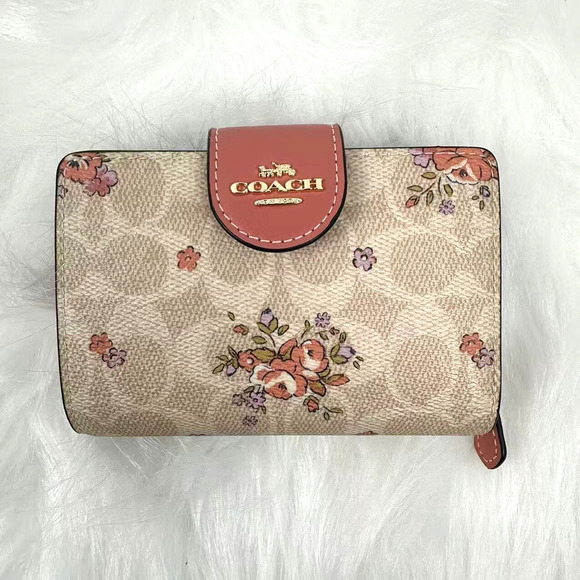 Coach Medium Corner Zip Wallet In Signature Canvas With Floral Print CAO99 Sand - Picture 1 of 6